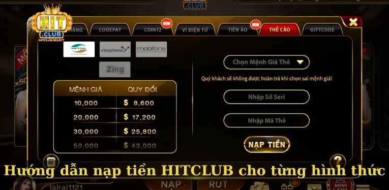 Hướng dẫn nạp tiền HITCLUB cho từng hình thức